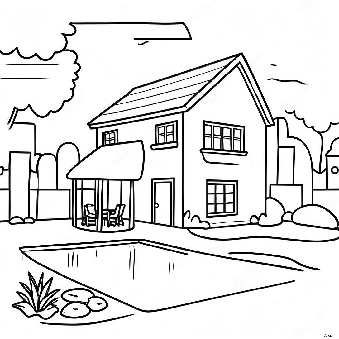 Cozy House With Backyard Pool Coloring Page 49065 40744