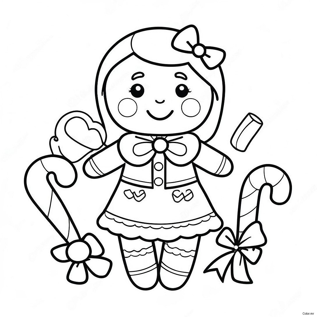 Cute Gingerbread Girl With Candy Canes Coloring Page 37136 30931
