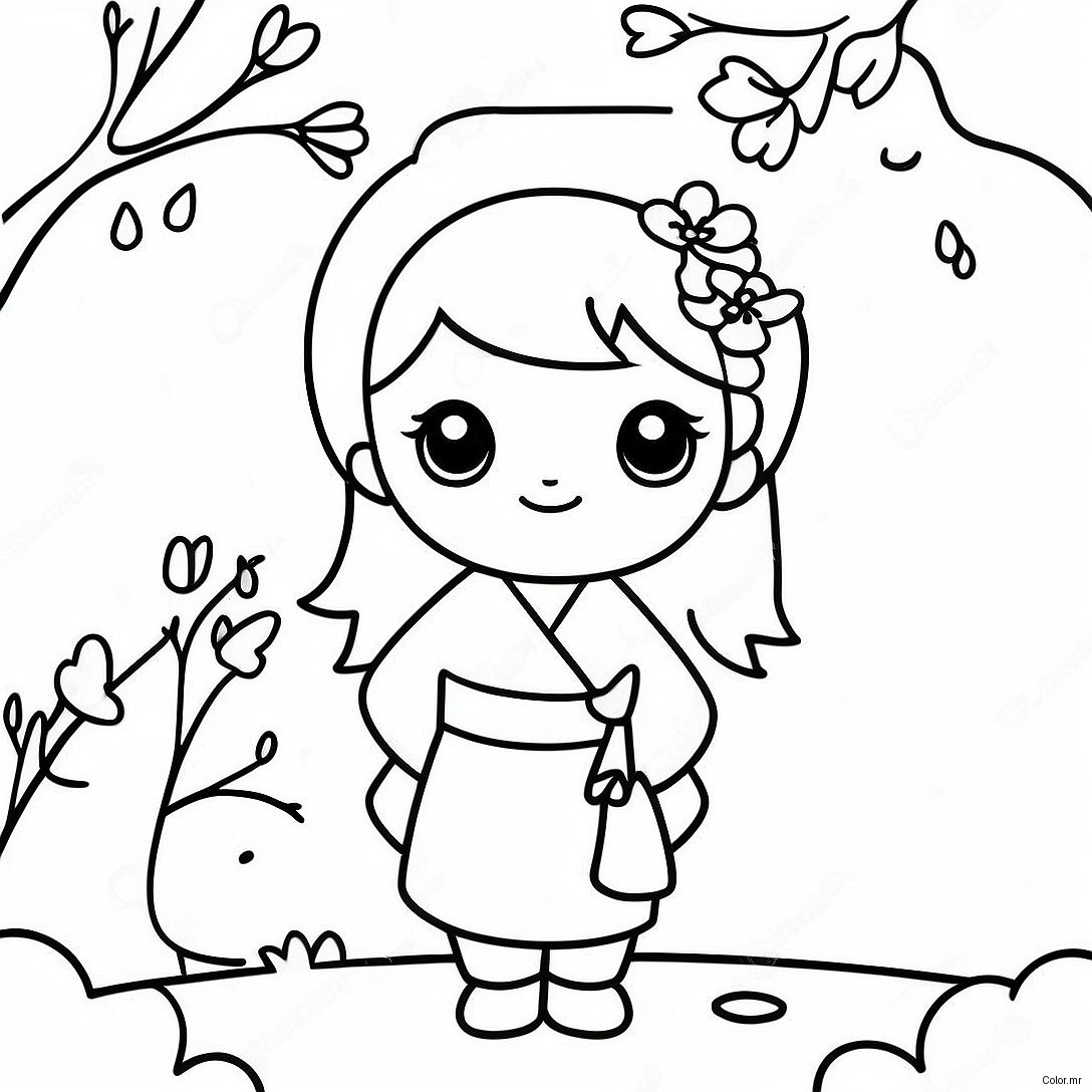 Cute Japanese Girl With Cherry Blossoms Coloring Page 49025 40721