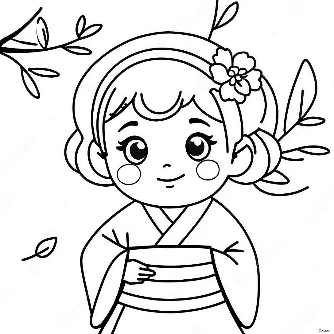 Cute Japanese Girl With Cherry Blossoms Coloring Page 49025 40723