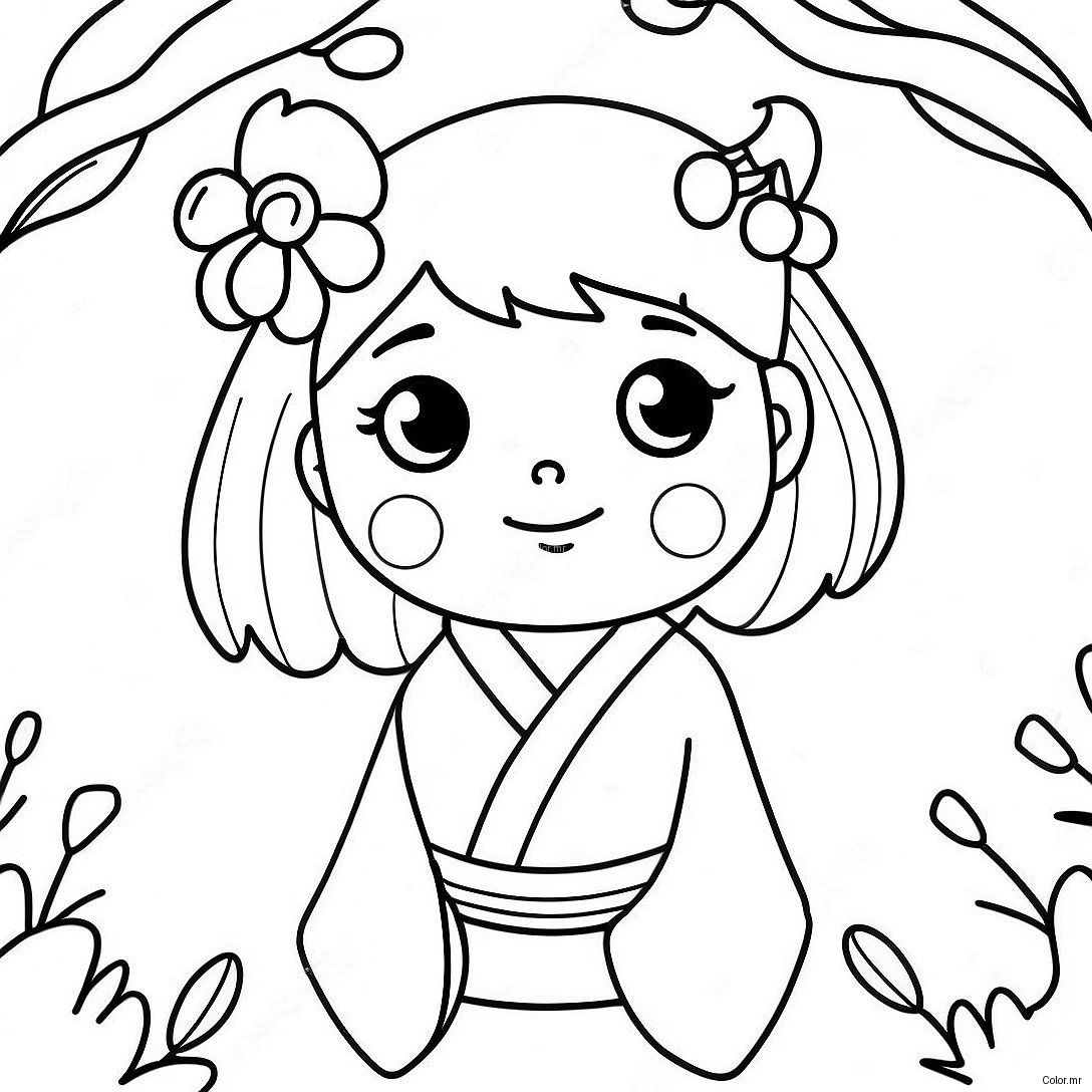 Cute Japanese Girl With Cherry Blossoms Coloring Page 49025 40724