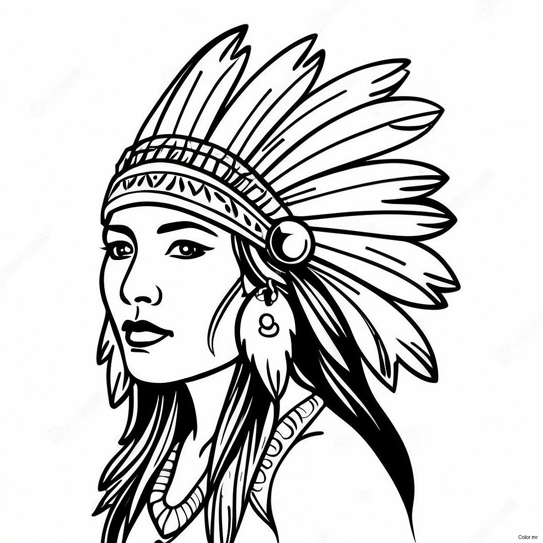 Elegant Native American Woman With Feather Headdress Coloring Page 57925 48162