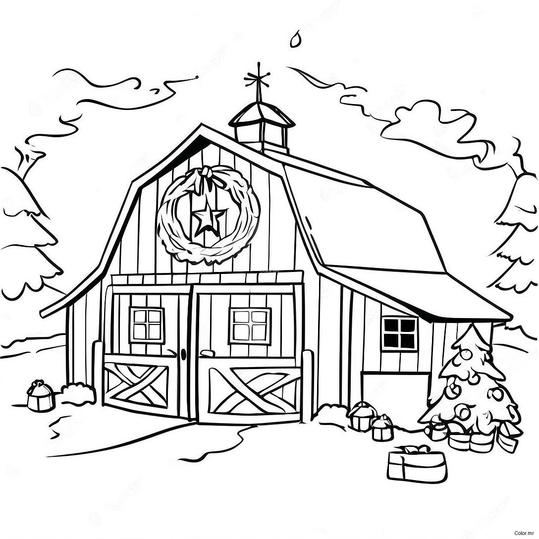 Festive Country Barn With Christmas Decorations Coloring Page 44883 37346