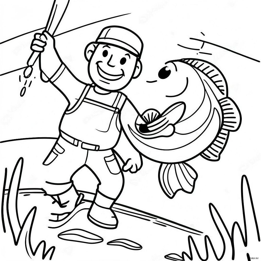 Happy Fisherman Catching A Big Bass Coloring Page 26863 24550