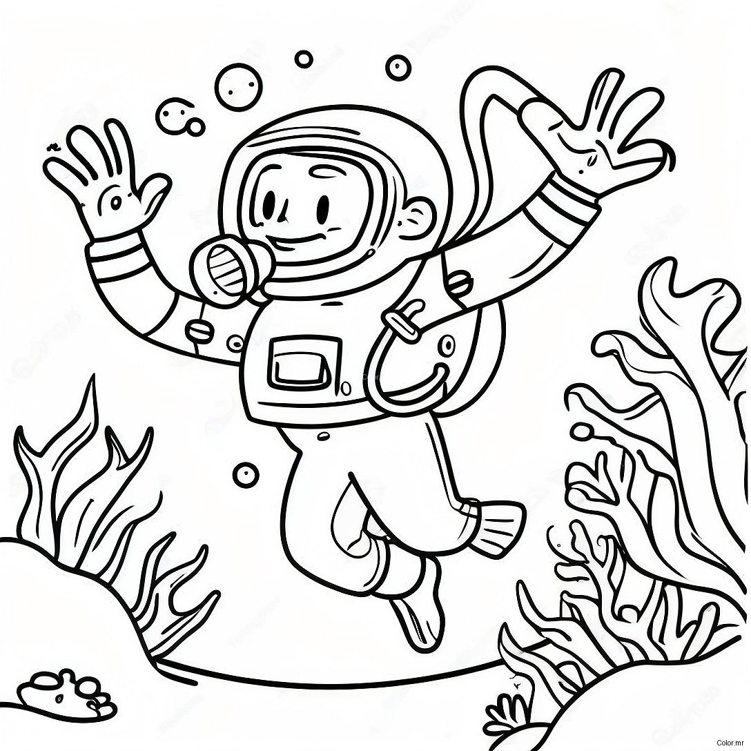 Happy Scuba Diver Exploring Coral Reef Coloring Page 53017 44081