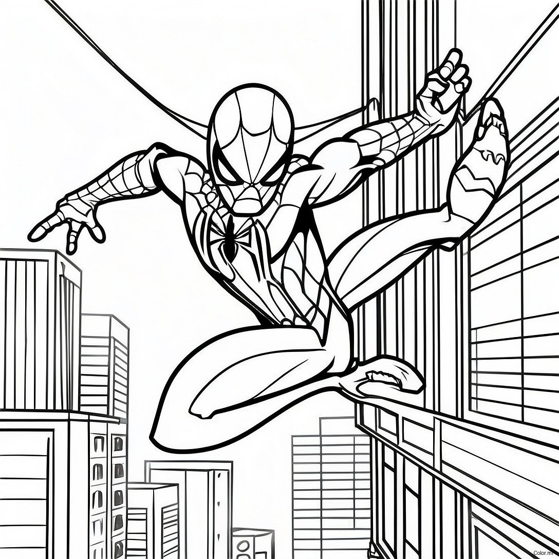 Iron Spider Swinging Through City Coloring Page 29207 26381