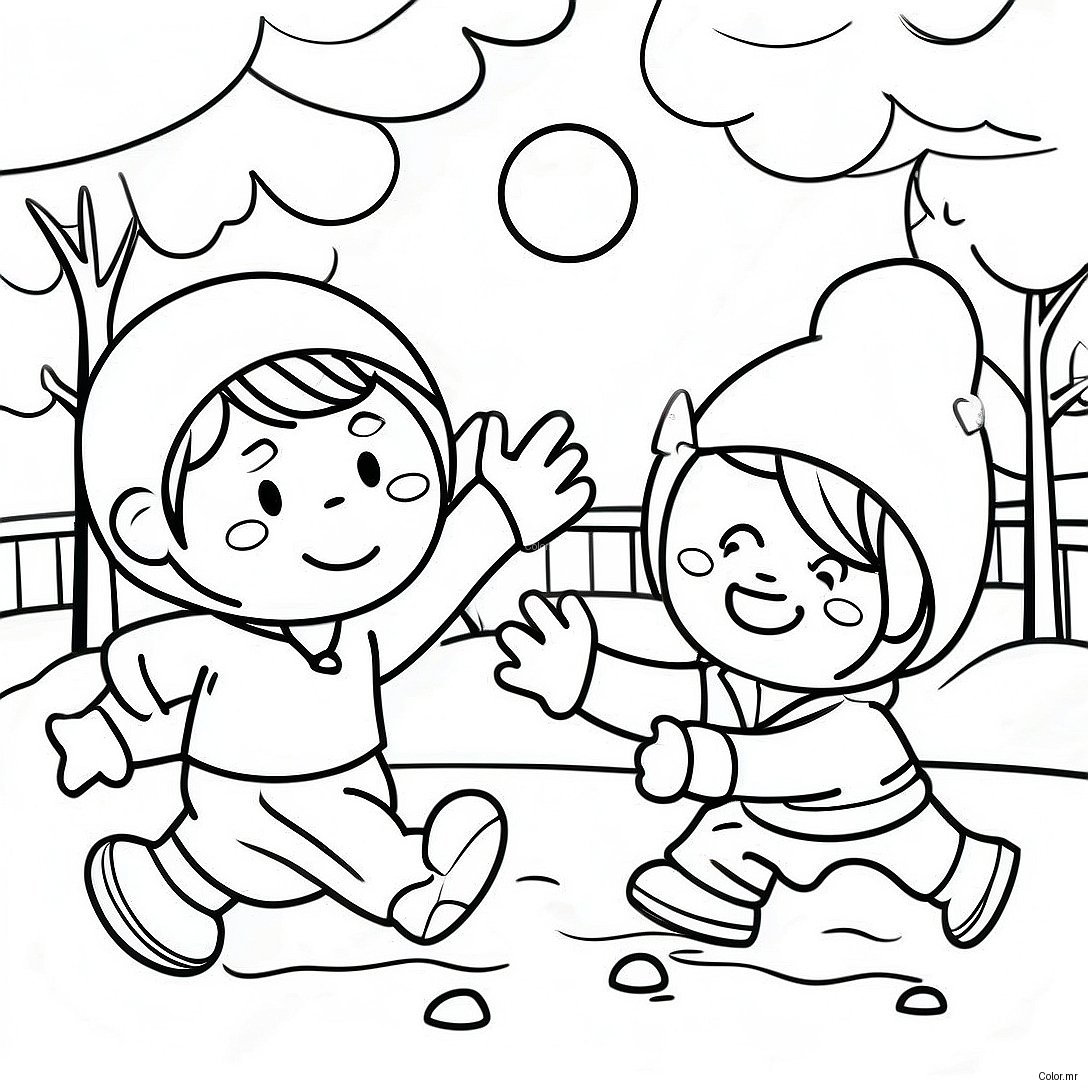 Kids Having A Fun Snowball Fight Coloring Page 54110 45078