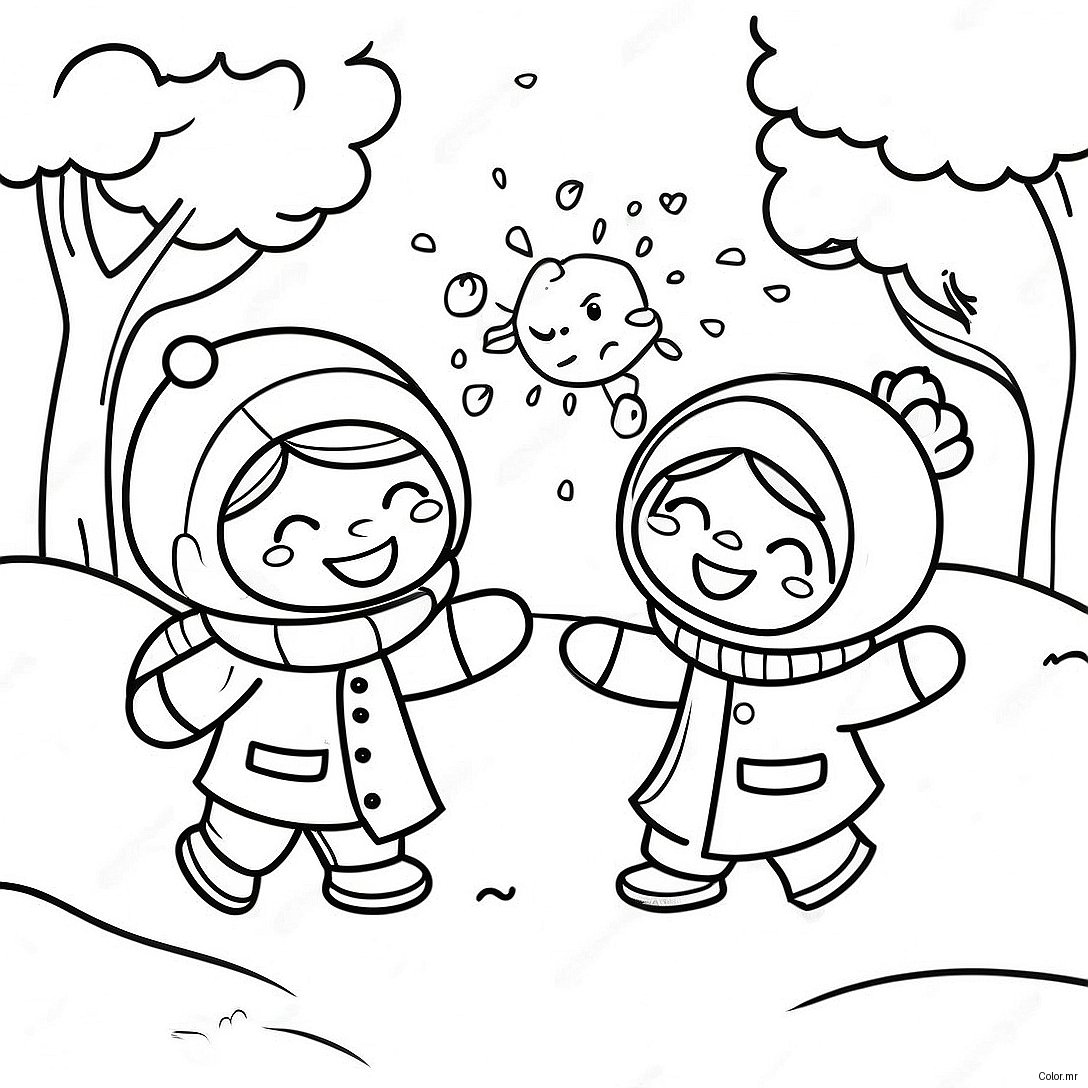 Kids Having A Fun Snowball Fight Coloring Page 54110 45080