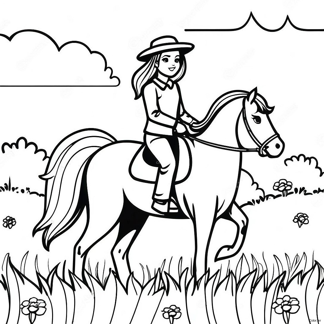 Pagina Para Colorir De Uma Menina Realista Montando Um Cavalo Em Um Pradaria 47373 39409