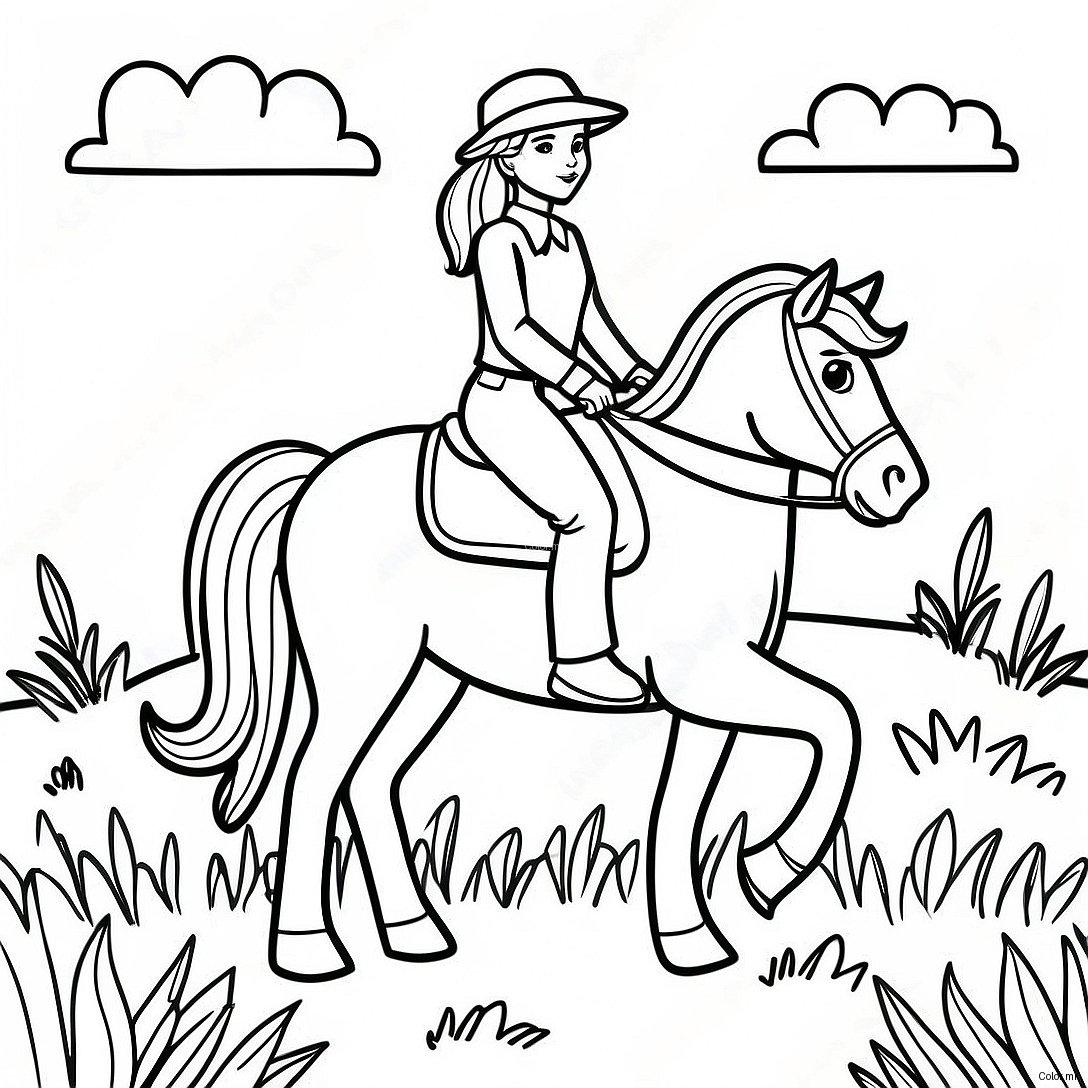 Pagina Para Colorir De Uma Menina Realista Montando Um Cavalo Em Um Pradaria 47373 39410