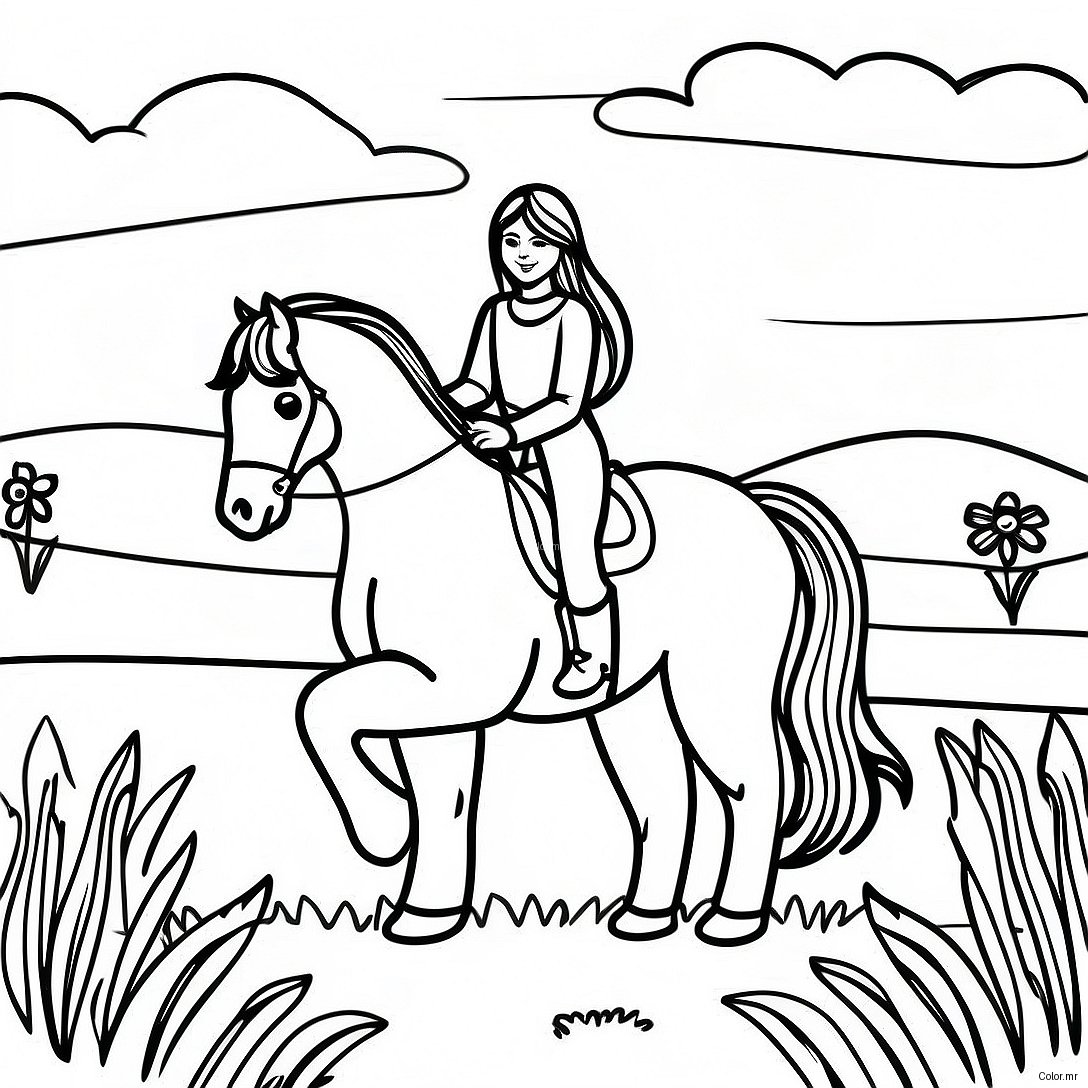Pagina Para Colorir De Uma Menina Realista Montando Um Cavalo Em Um Pradaria 47373 39411