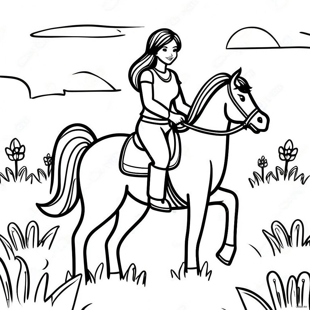 Pagina Para Colorir De Uma Menina Realista Montando Um Cavalo Em Um Pradaria 47373 39412