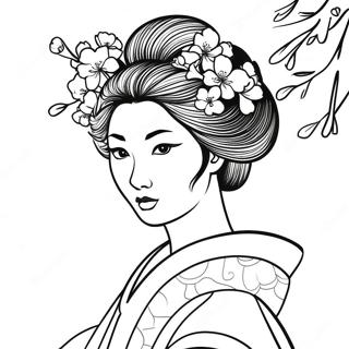 Pagina Para Colorir Da Geisha Elegante Com Flores De Cerejeira 60847-50463